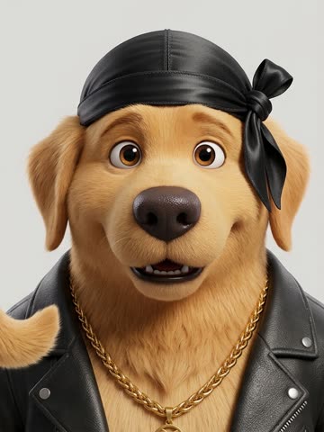 Input: an original 3D cartoon golden retriever in a durag and leather jacket