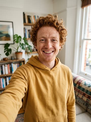 Input: a casual selfie of a fictional man with curly ginger hair in a mustard hoodie